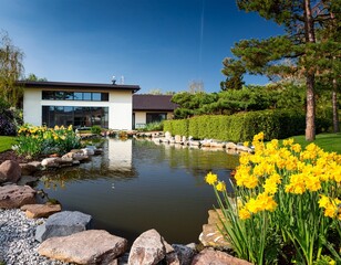 Obraz premium beautiful garden pond with yellow flowers and rocks bordering a modern house