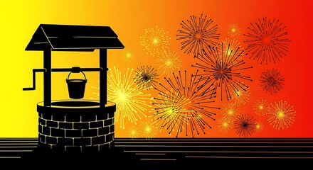 Wishing Well and Fireworks: A Festive Celebration Graphic