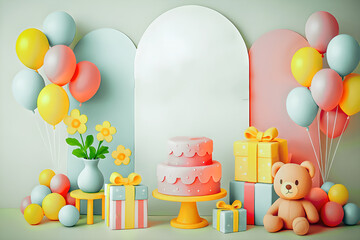 Colorful birthday party backdrop with balloons, teddy bear, wrapped gifts, cake, and geometric panels. Bright, festive 3D scene for children’s celebration and editable mockup use. 