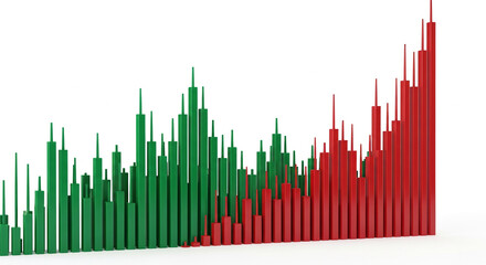Abstract 3D bar graph showing green and red bars, representing fluctuating data, growth and decline, financial market visualization