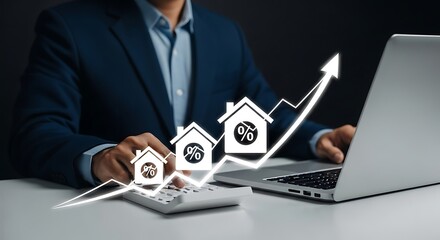 Real Estate Market Growth: Analyzing Home Prices & Interest Rates with a Calculator and Laptop