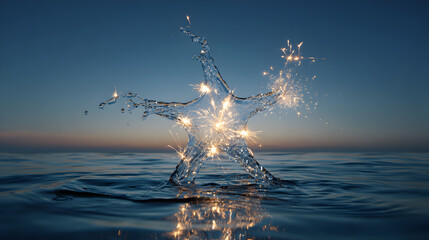 Captivating humanoid water sculpture illuminated by golden lights dances above the ocean at dusk