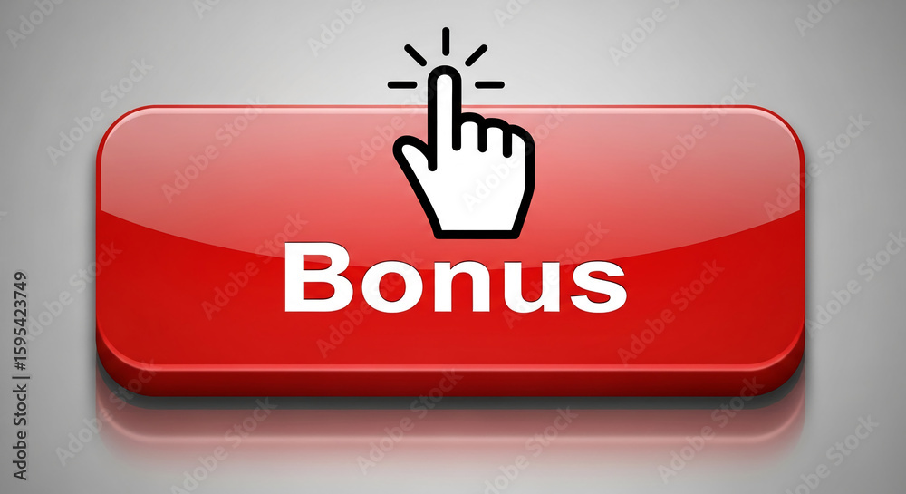 Fototapete red glossy button with white bonus text and cursor, suggesting a clickable element, symbolizing rewa