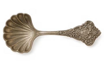 Vintage silver spoon with ornate shell-shaped bowl, delicate handle, resting on transparent surface, highlighting elegant craftsmanship