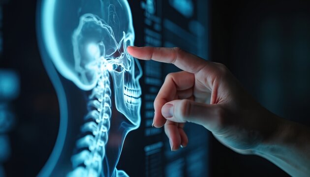Hand touches glowing digital medical scan of human skull, spine. Analyzing bone structure on screen for diagnosis. Futuristic healthcare technology displaying anatomical data for research, study.