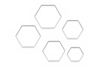 Five white hexagons of different sizes are creating an abstract composition on a transparent background