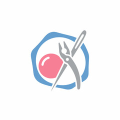 A stylized logo featuring sewing tools and a pink bead, possibly for a craft or design business.