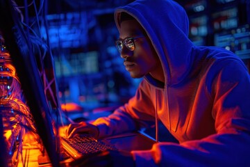 A focused young man in a hoodie and glasses works intensely on a computer in a dark, tech-filled room illuminated by blue and orange lights.