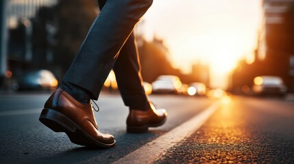 A close-up of a person wearing brown dress shoes and formal pants walking on a street during sunset with cars blurred in the background.