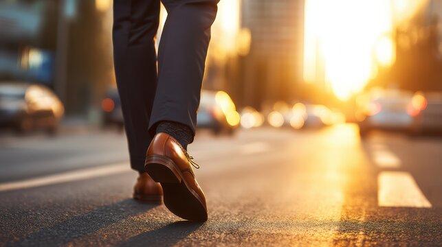 A close-up of a person walking on a city street at sunset, wearing polished brown dress shoes and formal pants.
