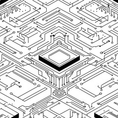 Circuit Board: A complex circuit board illustration, with intricate lines and shapes, forming a dense, interconnected network, representing technological innovation and the digital age.