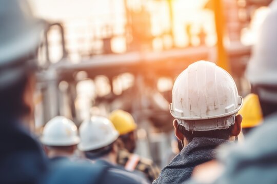Construction workers wearing helmets and safety gear gather at a busy industrial site during sunset.