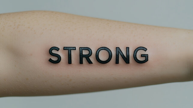 Close-up of a forearm with the word "STRONG" tattooed in black, showcasing the power of body art and personal expression.