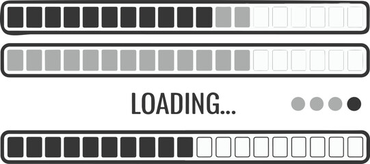 Progress bar infographic icons, six black and white loading bars, varying length designs, loading text, empty to full stages, minimal digital art, clean layout