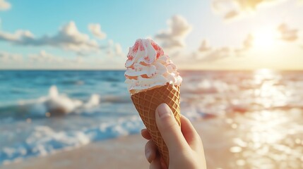 Ice cream cone on beach vacation: summer dessert, sunny day, sea view, hand holding sweet treat delight silhouette