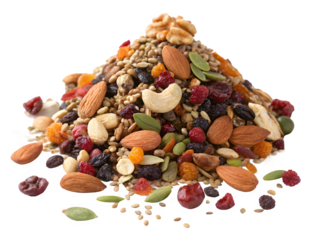 Healthy trail mix pile with nuts seeds and dried fruit
