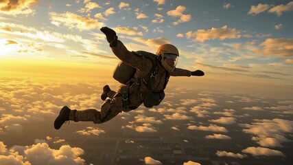 Soldier jumps into the sunset from an aircraft above the clouds