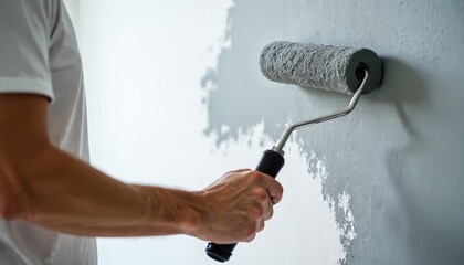 Close-up of person hand using paint roller to apply grey paint to wall. Roller covers textured surface with fresh coat, suggesting home renovation interior design project. Focus on tool, painting