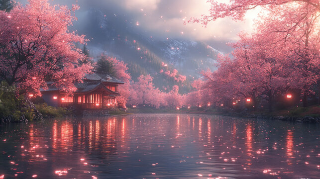 A springtime landscape bursting with vibrant cherry blooms - Powered by Adobe