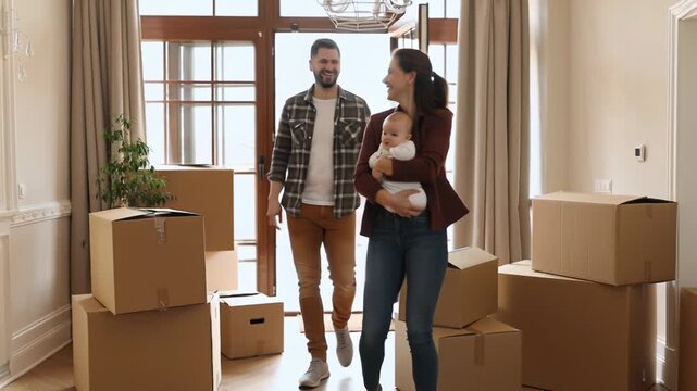 Happy family entering new home carrying baby and boxes