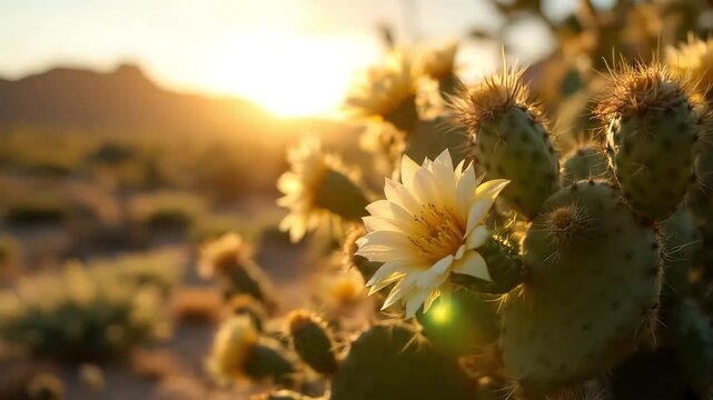 Cactus in desert at sunset with bright nature flowers and plants High quality natural video footage 4k cenamatic video short