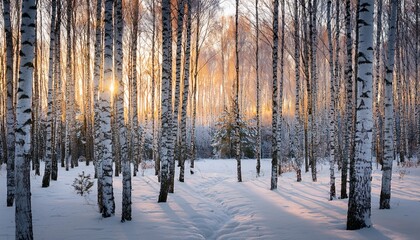 a snowy birch forest in the soft light of dawn