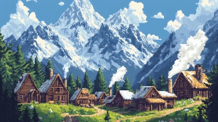 Peaceful Log Cabin Village and Snowy Mountains in Pixel Art game background,Generative Ai