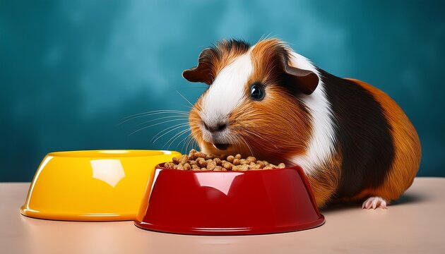cute guinea pig eating food from red and yellow bowl - Powered by Adobe