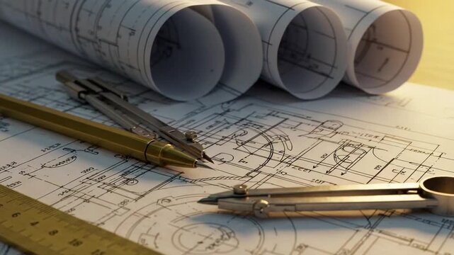 Detailed architectural blueprints with drafting tools including a ruler and compass