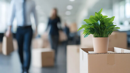 Office relocation in progress with staff and boxes. Focus is on a potted plant sitting on a cardboard box during the moving process.