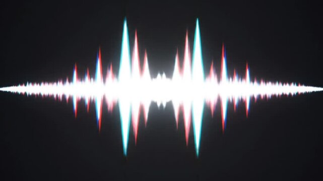 Glowing white sound wave pulsating with RGB glitch effect on dark background. Seamless looping time-lapse animation video background - Powered by Adobe