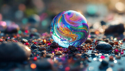 Colorful glass marble with glittering swirls on pebbled ground