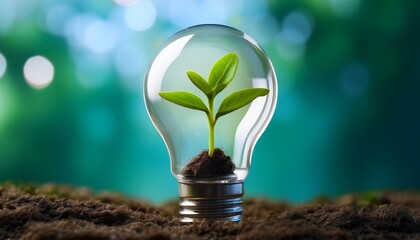 a transparent light bulb filled with a small green sprout symbolizing the concept of sustainable energy and the growth of renewable resources