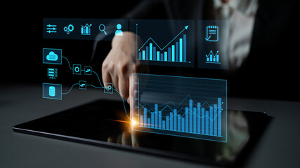 Data flow from database and cloud to processing and analytics dashboards, representing data...