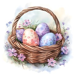 Easter Eggs in Basket: Watercolor Painting of Springtime Decor