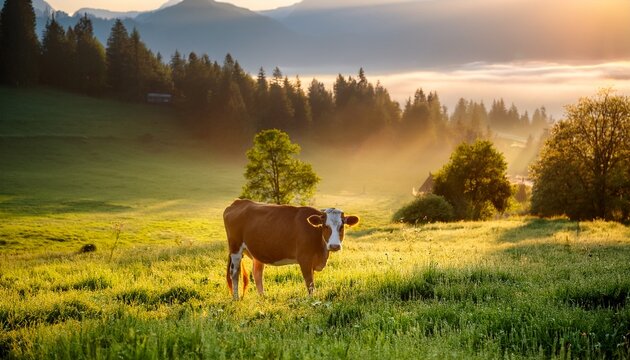 grazing cow in lush green pasture during early morning hours in a tranquil rural setting - Powered by Adobe
