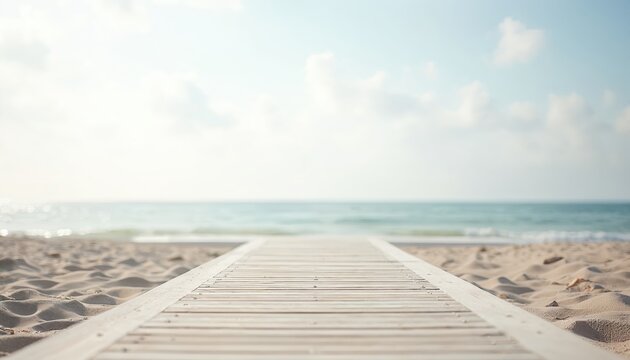 Empty wooden boardwalk leads to sandy beach with ocean waves under soft sky. Natural wood path offers serene access to seaside relaxation, tranquil outdoor vacation moments. Perfect summer getaway