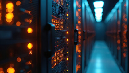 Server room rows of computer racks with glowing orange lights, blue aisle lighting. Focus on technological hardware, digital data storage. Image represents cybersecurity, cloud computing, network