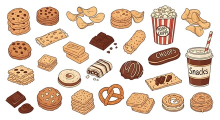 Various tempting snacks illustration on a white background offering an irresistible cartoon feast
