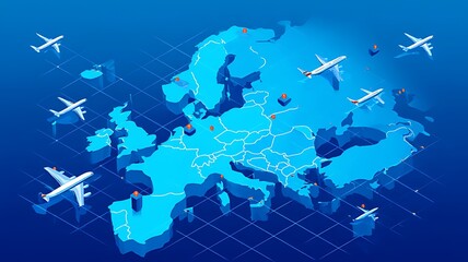 European Air Travel: Isometric Map Showing Flight Routes & Destinations