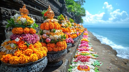 Balinese Temple Offerings by the Ocean: A Vibrant Display of Flowers and Devotion