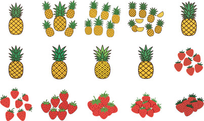 Collection of colorful cartoon style illustrations featuring ripe pineapples and fresh strawberries arranged in various groupings on a white background