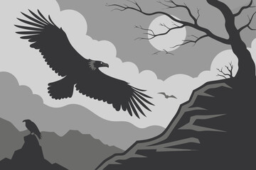 Naklejka premium dark, ominous, dramatic, cloudy sky, silhouette of a large bird of prey, intense lighting, detailed feathers, powerful wings, moody, cinematic, digital art