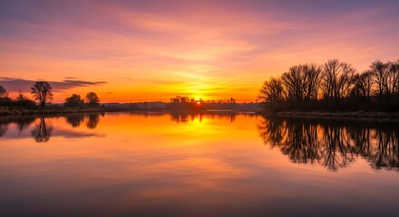 Obraz premium Scenic sunset over a tranquil lake reflecting the vibrant colors of the sky