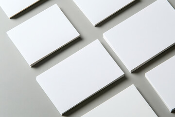 Neat arrangement of blank rectangular cards or paper stacks on a flat neutral surface, ready for design or display of information.