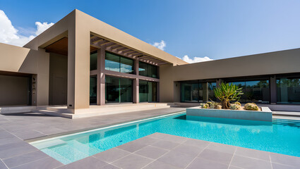 Fototapeta premium Modern house with a swimming pool and geometric architecture