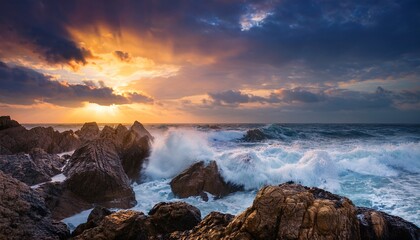 Obraz premium dramatic seascape at sunset with turbulent waves crashing against rocky shoreline under moody skies