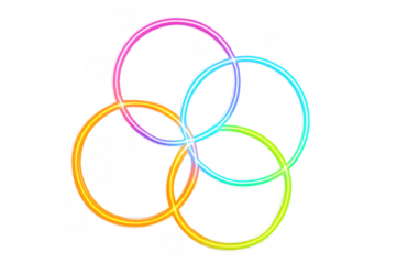 Neon rainbow circles intersecting dynamically, creating geometric pattern with transparent backdrop, perfect for modern digital design and graphic artwork