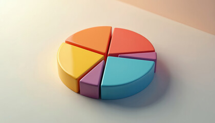 Obraz premium Colorful 3D pie chart with glossy reflections, segments separated. Simple, modern design on neutral background. Use for business analysis, data presentation, website infographics, concept
