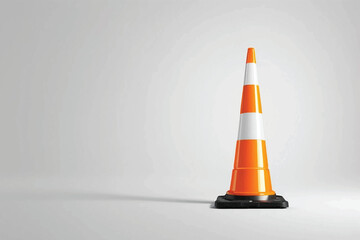 Traffic safety cone with bright orange and white stripes, positioned vertically against transparent backdrop, highlighting roadwork equipment